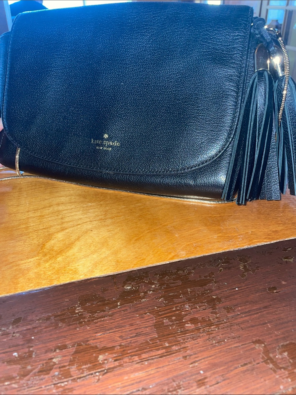 KATE SPADE Black Leather Crossbody with Gold embellished Tassels and Chain Strap